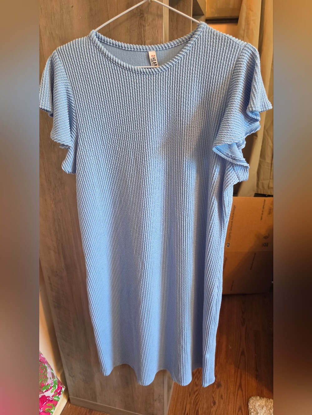 Light Blue Ribbed Midi Dress with Ruffle Sleeves
